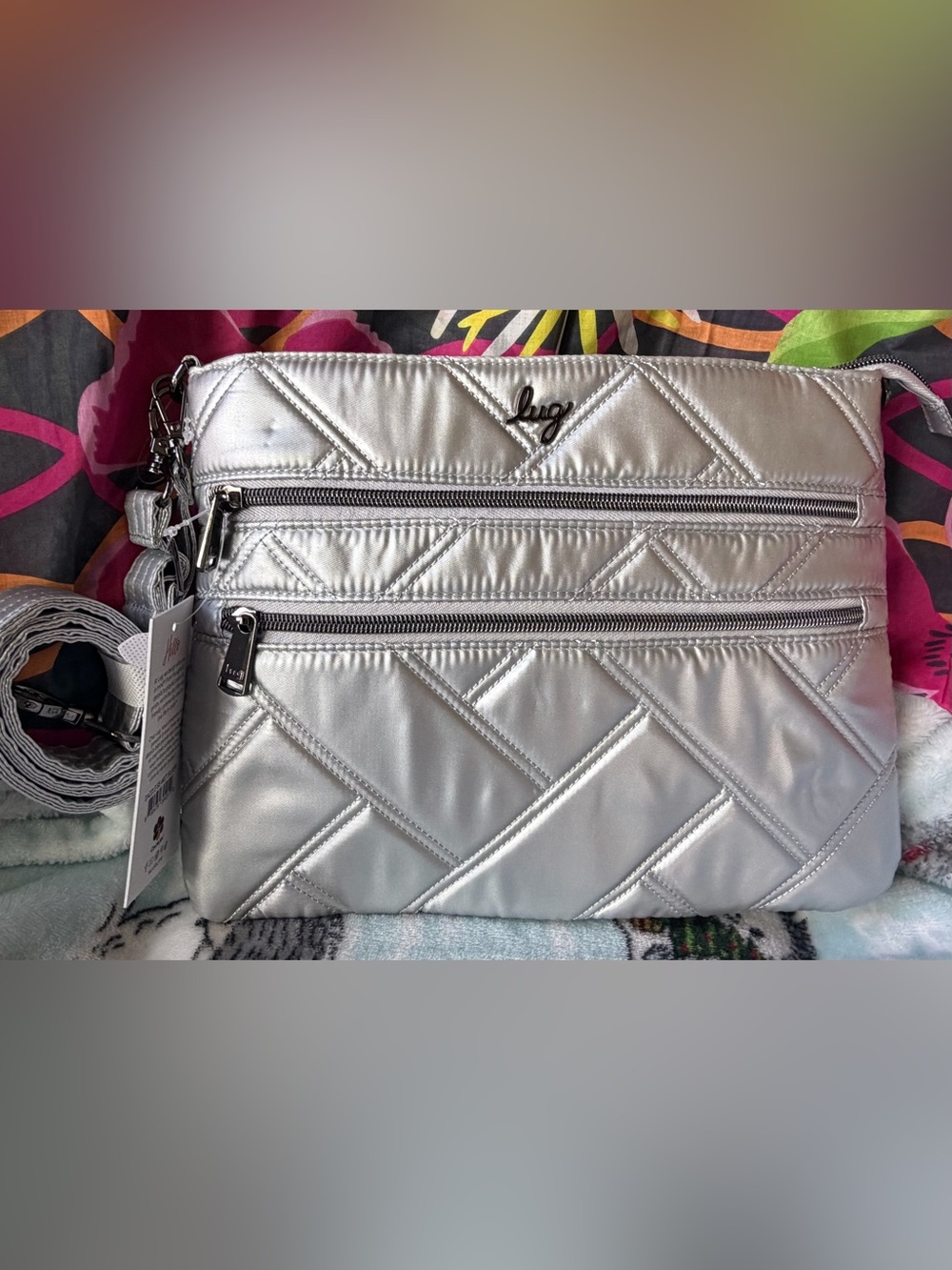 Lug Dazzle Quilted Metallic Silver Cosmetic Crossbody Bag, NWT